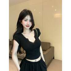 批发实拍实价性感纯欲V领蕾丝拼接短袖<b class='q'>T</b><b class='q'>恤</b>女小众辣妹修身正肩短款上衣
