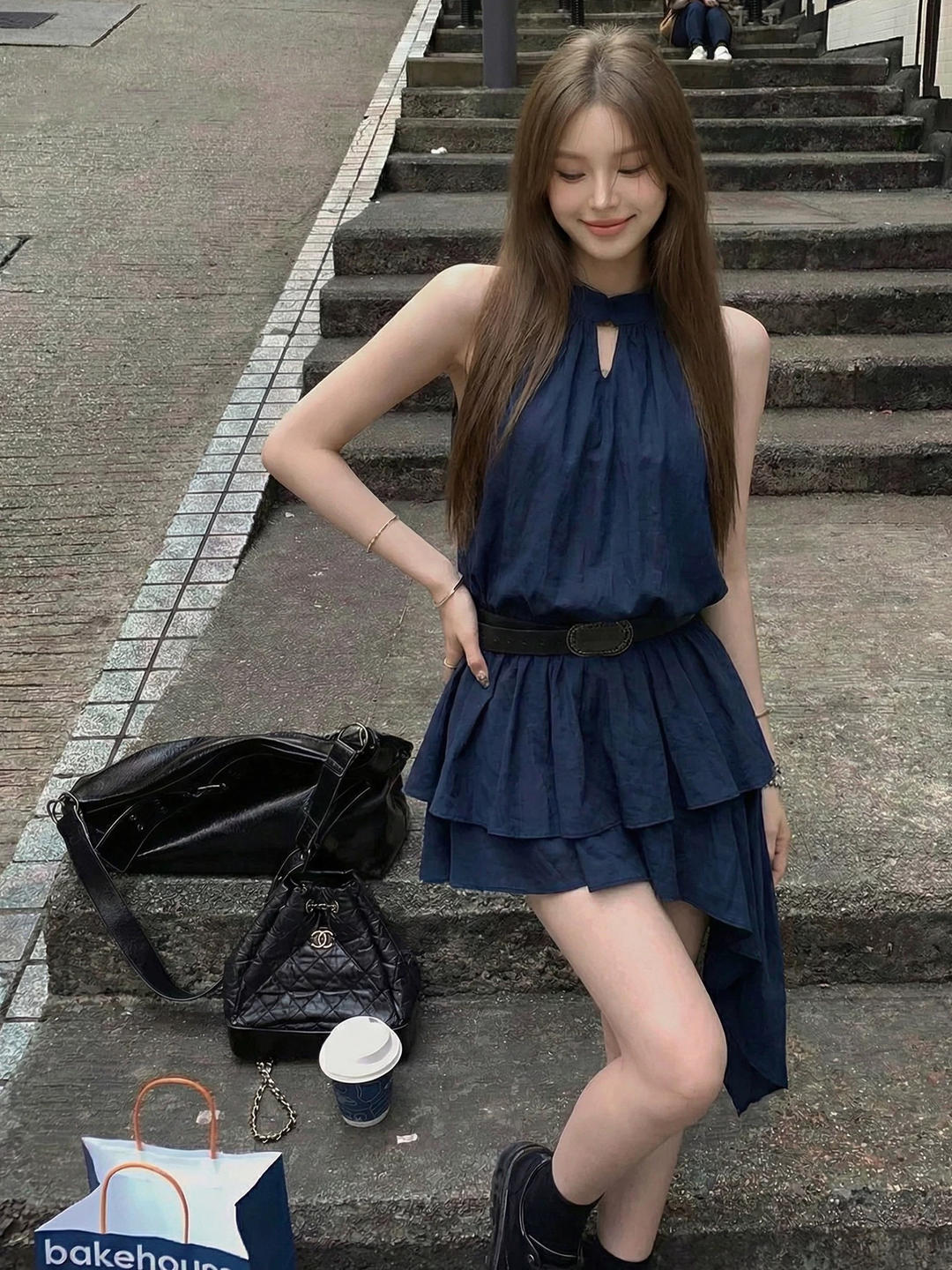 아름다움 라드. 민소매 행침 목 여성 드레스 핫걸 허리 수축 슬림해 보이는 오프숄더 불규칙 프릴 품격 짧은 치마