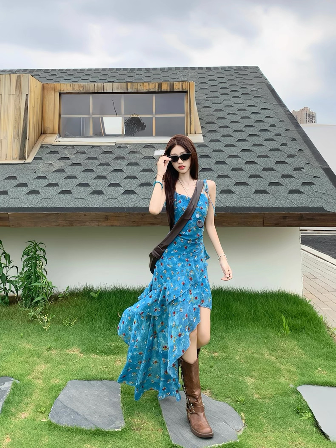 여행 휴가 프랑스식 레트로 꽃무늬 슬립 여성 드레스 디자인 센스 불규칙 허리 수축 슬림해 보이는 한 마디 롱 스커트