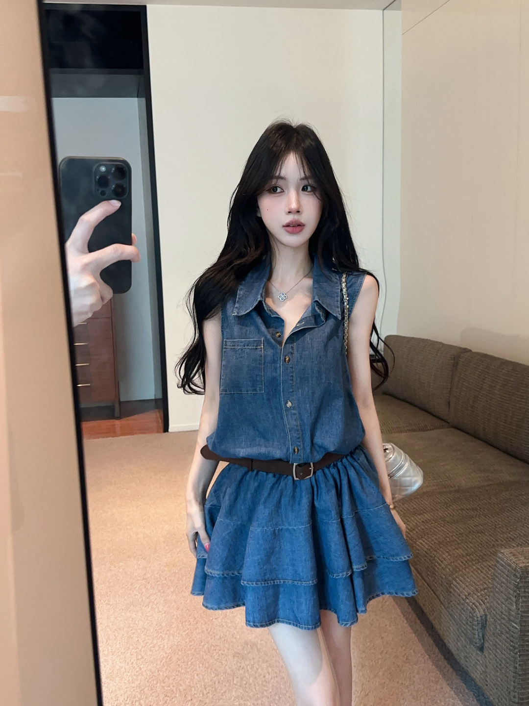 실사 정가 핫걸 레트로 데님 셔츠 여성 드레스 허리 수축 슬림해 보이는 품격 다용도 민소매 케이크 드레스
