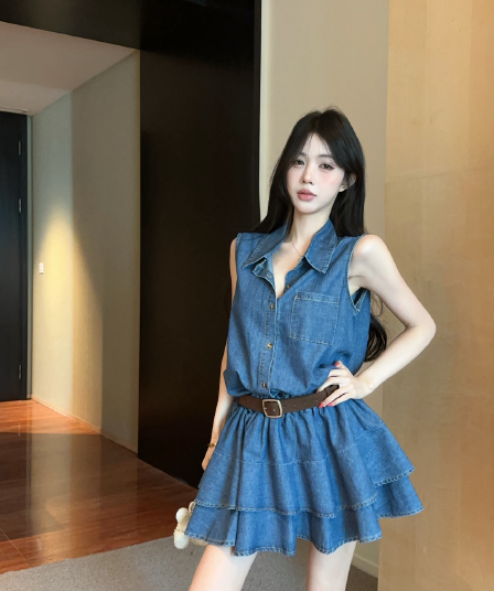 실사 정가 핫걸 레트로 데님 셔츠 여성 드레스 디자인 센스 허리 수축 슬림해 보이는 품격 다용도 케이크 드레스