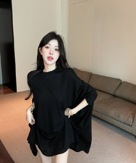 실사 정가 한국 스타일 느긋한 바람 라운드 넥 가을 어깨 소매 티셔츠 여성 루즈핏 슬림해 보이는 다용도 박쥐 종류 자외선 차단 맨위