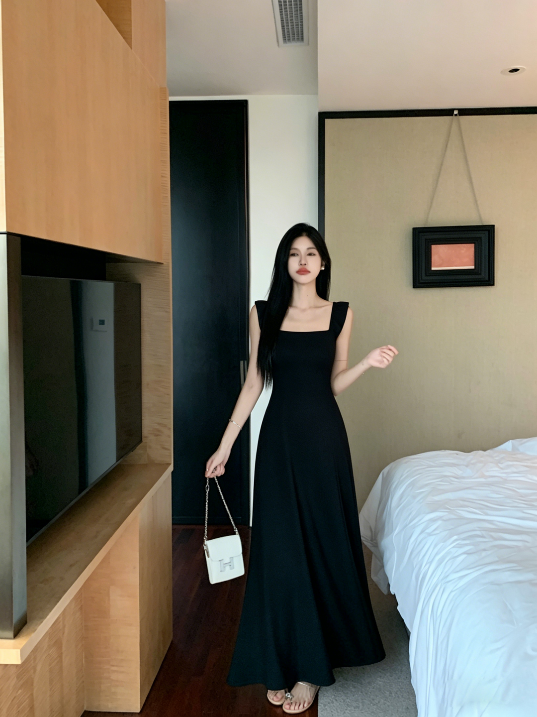 실사 정가 프랑스식 광장 칼라 작은 날다 소매 허리 수축 슬립 여성 드레스 품격 고급 센스 몸매 가꾸기 휴가 롱 스커트