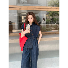 批发度假风休闲复古<b class='q'>牛仔</b>套装女设计感不规则短袖<b class='q'>衬衫</b>高腰阔腿裤两件套