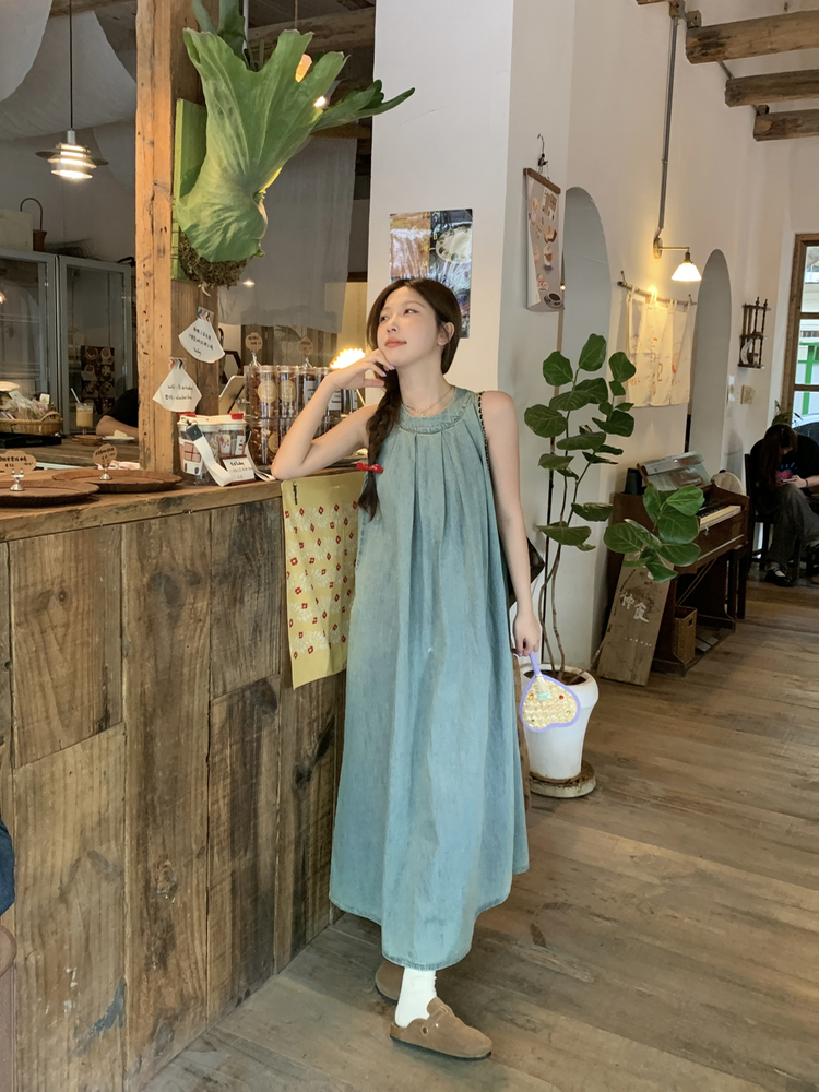 실사 정가 레트로 민소매 행침 목 데님 여성 드레스 휴가 캐주얼 루즈핏 슬림해 보이는 오프숄더 품격 롱 스커트
