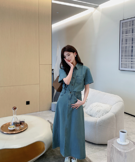 실사 정가 항구 바람 레트로 데님 세트 드레스 여성 휴가 캐주얼 반팔 셔츠 하이웨이스트 반신 스커트 투피스 세트
