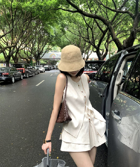 태국 사람 랜드 레인 꼬리 오래된 돈 바람 품격 패션 아마 세트 여성 느슨함 조끼 베스트 넓은 다리 쇼트 스타일 투피스 세트