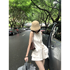 批发泰兰德巷尾老钱风气质时尚亚麻套装女松弛背心马甲阔腿短款两件套