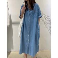 批发韩版慵懒风卷边短袖单排扣牛仔连衣裙女复古宽松显瘦气质衬衣裙