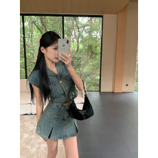 批发实拍实价甜辣复古牛仔套装女收腰显瘦小飞袖上衣高腰半身裙两件套
