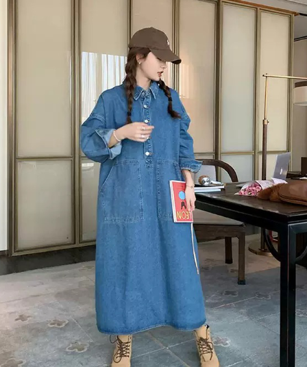 한국 스타일 느긋한 바람 레트로 데님 여성 드레스 디자인 센스 빅 포켓 지방 mm 루즈핏 슬림해 보이는 롱 코트 셔츠 드레스