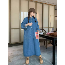 批发韩版慵懒风复古<b class='q'>牛仔</b>连衣裙女设计感大口袋胖mm宽松显瘦长款衬衫裙