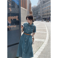 批发港风炸街复古牛仔连衣裙女松弛感微胖收腰显瘦遮肚气质衬衫裙长裙