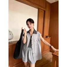 批发度假休闲套装女韩版撞色无袖衬衫显瘦背心松紧高腰阔腿短裤三件套
