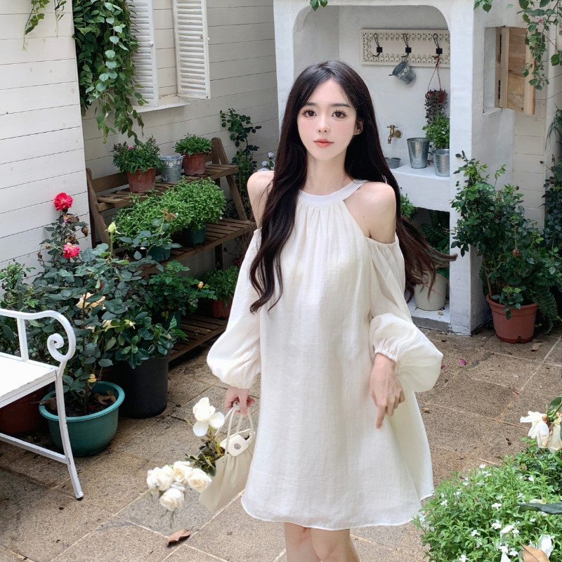 실사 정가 프랑스식 품격 행침 목 오프숄더 여성 드레스 거품 소매 루즈핏 슬림해 보이는 휴가 캐주얼 요정 치마