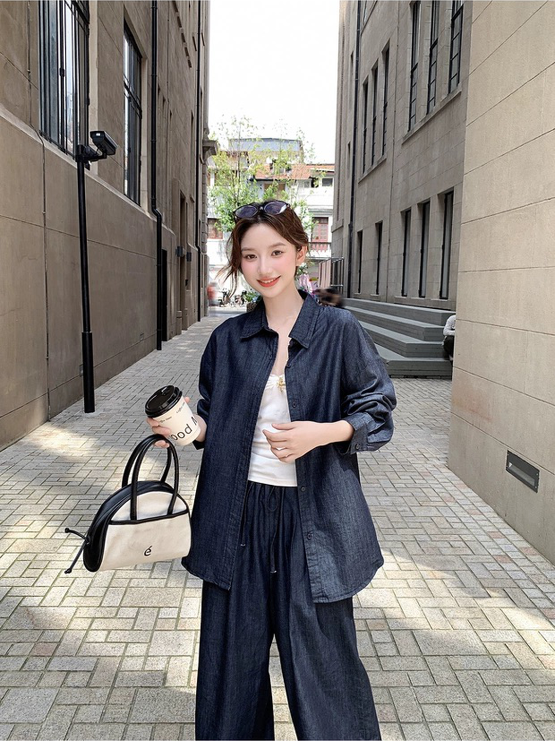 느슨함 센스 게으른 착용 가져 가라. 레트로 데님 세트 여성 루즈핏 슬림해 보이는 미니멀리즘 셔츠 하이웨이스트 와이드 레그 팬츠 투피스 세트