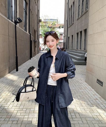 느슨함 센스 게으른 착용 가져 가라. 레트로 데님 세트 여성 루즈핏 슬림해 보이는 미니멀리즘 셔츠 하이웨이스트 와이드 레그 팬츠 투피스 세트