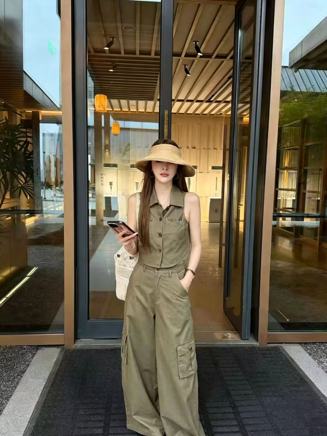 차가운 바람의 소리 바람 한국 스타일 레트로 핫걸 징 POLO 칼라 민소매 맨위 하이웨이스트 넓은 다리 슬림해 보이는 워크웨어 팬츠 세트