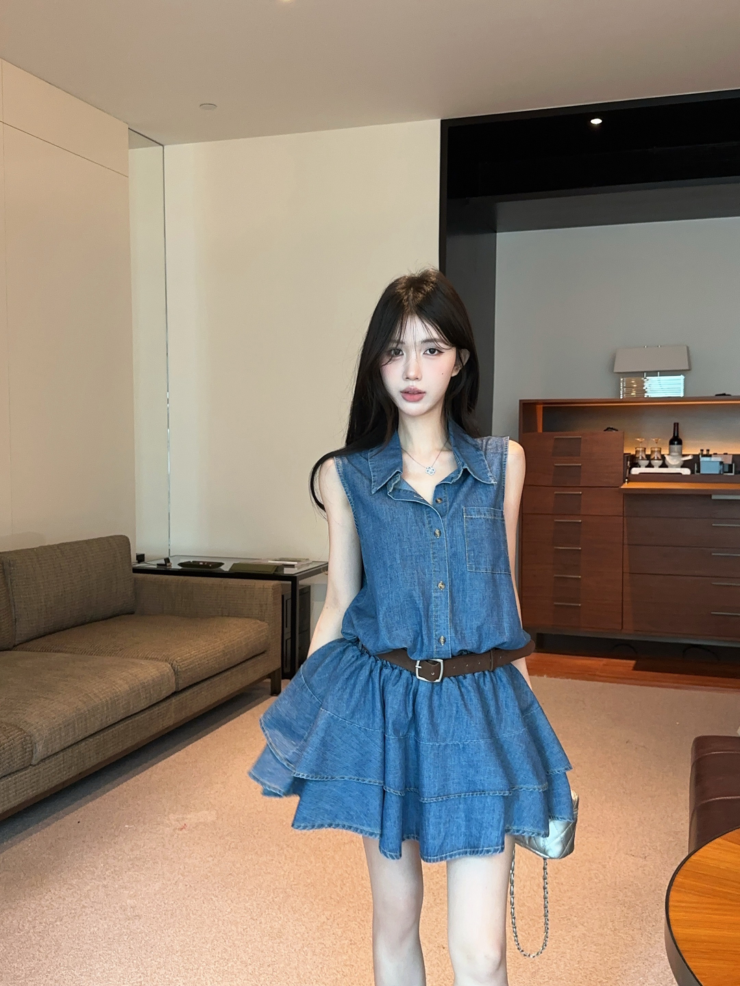 실사 정가 핫걸 레트로 데님 셔츠 여성 드레스 한국 스타일 허리 수축 슬림해 보이는 품격 민소매 케이크 드레스
