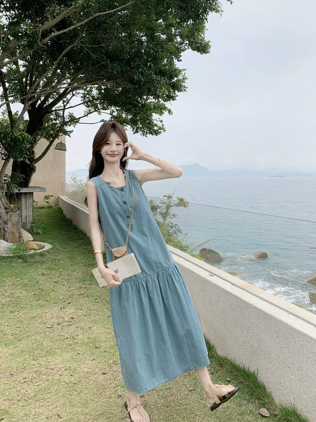 자이언트 잘 생긴 한국 스타일 레트로 민소매 데님 여성 드레스 휴가 캐주얼 루즈핏 슬림해 보이는 연령 감소 품격 롱 스커트