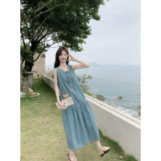 批发巨好看韩版复古无袖牛仔连衣裙女度假休闲宽松显瘦减龄气质长裙