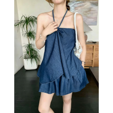 批发实拍实价巨好看辣妹牛仔套装女设计感挂脖抹胸吊带阔腿短裤两件套