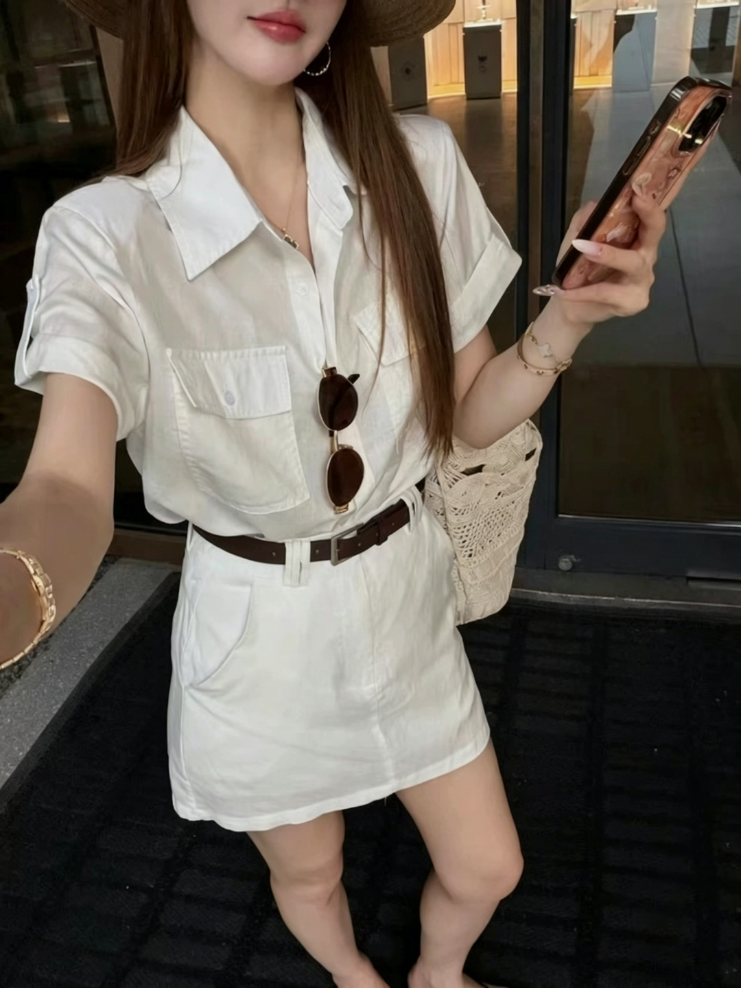 오래된 돈 바람 레트로 면 린넨 세트 여성 워크웨어 폴로 칼라 반팔 셔츠 슬림해 보이는 하이웨이스트 타이트 스커트 반신 스커트 투피스 세트