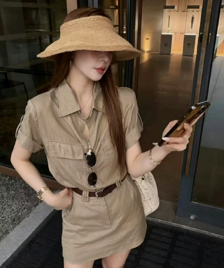 오래된 돈 바람 레트로 면 린넨 세트 여성 워크웨어 폴로 칼라 반팔 셔츠 슬림해 보이는 하이웨이스트 타이트 스커트 반신 스커트 투피스 세트