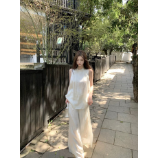 批发超火老钱风休闲套装女宽松显瘦穿搭一整套无袖背心阔腿长裤两件套