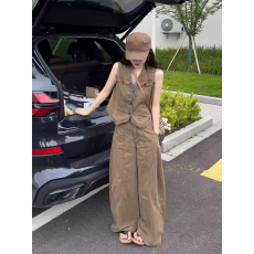 批发实拍实价酷飒风韩版复古辣妹V领无袖马甲高腰阔腿显瘦工装裤套装