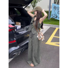 批发实拍实价酷飒风韩版复古辣妹V领无袖马甲高腰阔腿显瘦工装裤套装
