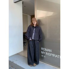 批发韩系慵懒风牛仔套装女宽松显瘦格纹拼接衬衣外套高腰阔腿裤两件套
