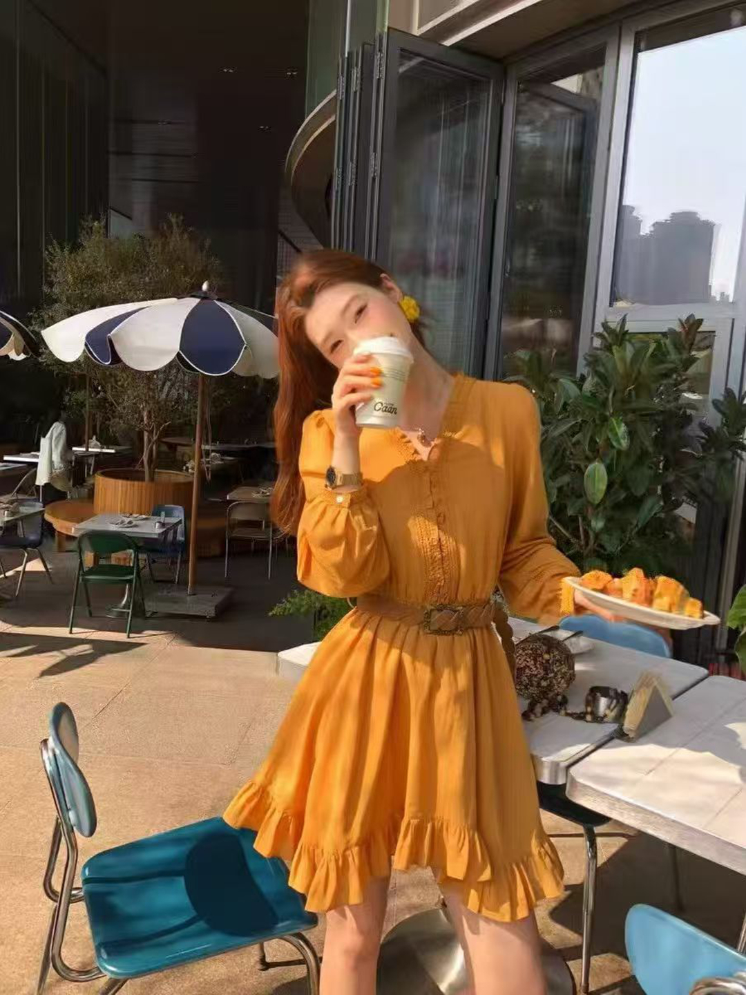 韩系时尚高品质木耳边V领连衣裙女收腰显瘦休闲度假裙子 服裝批發女裝批發服飾貨源