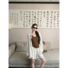 批发实拍老钱风慵懒松弛感三件套女棉麻休闲衬衫吊带背心阔腿短裤套装