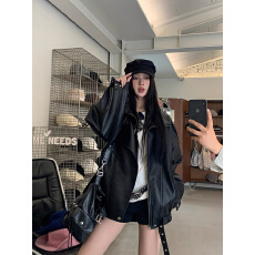批发酷飒风黑色穿搭重工PU皮衣外套女宽松慵懒独特美式复古机车皮夹克