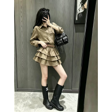 批发韩版高智复古水洗棉工装衬衫连衣裙女松弛感收腰显瘦蛋糕衬衣裙