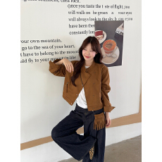 批发实拍实价美拉德流苏挎包鹿皮绒外套女复古设计感宽松显瘦机车夹克