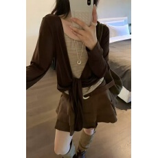 批发实拍实价韩版时尚套装女修身显瘦条纹吊带背心长袖开衫短裙三件套