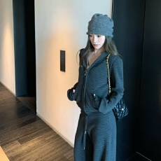 批发慵懒序章辣妹休闲套装女复古条纹连帽开衫卫衣高腰阔腿裤两件套