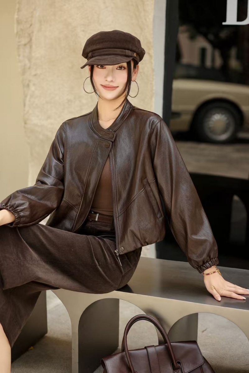 复古立领短款皮衣女酷飒风宽松显瘦气质机车PU皮夹克外套 服裝批發女裝批發服飾貨源