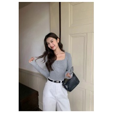 批发性感修身排扣方领露骨正肩打底衫女复古内搭T恤收腰显瘦长袖上衣
