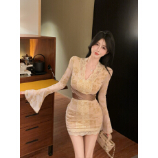 批发实拍实价纯欲性感喇叭袖V领蕾丝连衣裙女辣妹气质收腰显瘦包臀裙