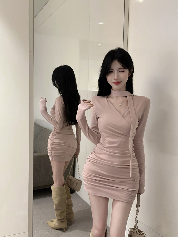 纯欲性感气质V领连衣裙女辣妹修身显瘦打底褶皱包臀裙子 服裝批發女裝批發服飾貨源