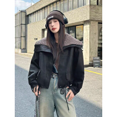 批发羊羔毛大翻领加厚加绒皮衣<b class='q'>外套</b>女宽松休闲酷飒美式复古机车皮<b class='q'>夹克</b>