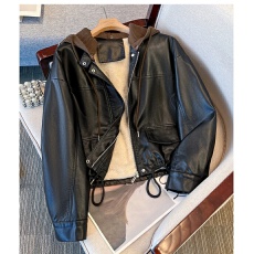 批发美拉德可拆卸连帽pu皮衣加绒加厚外套女<b class='q'>秋</b>冬新款酷飒风机车服夹克