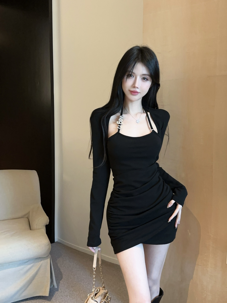 纯欲性感挂脖连衣裙女假两件不规则收腰显瘦包臀裙短裙 服裝批發女裝批發服飾貨源
