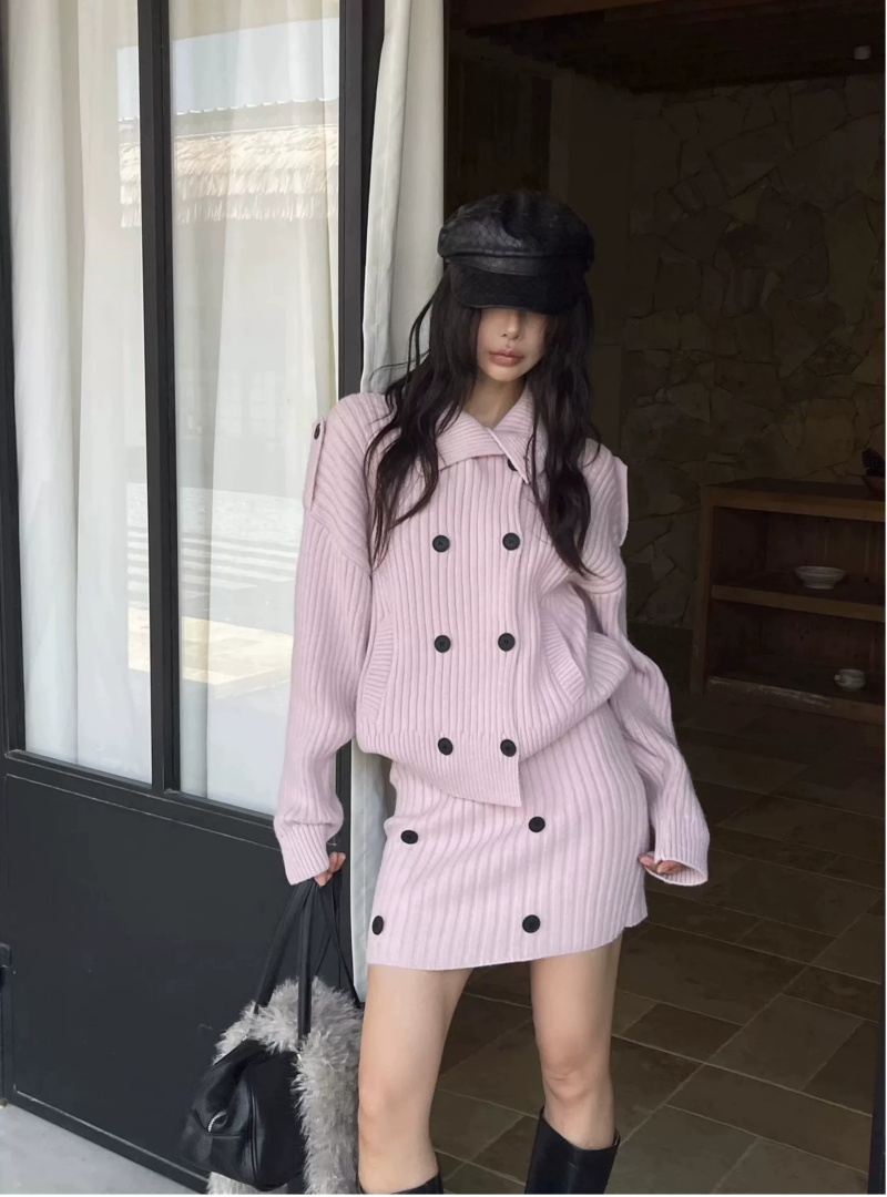 RY9525# 实拍高领双排扣外套穿搭一整套女韩系设计感针织毛衣显瘦短裙套装