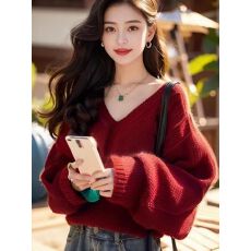 批发秋装氛围感简约长袖V领宽松上衣韩版慵懒风灯笼袖<b class='q'>气质</b>毛衣<b class='q'>外套</b>