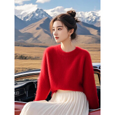 红色显白圆领宽松慵懒毛衣针织衫女2025秋冬新款气质休闲保暖上衣