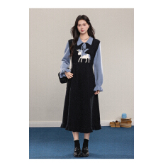 批发今年秋冬新款超好看的黑色长袖<b class='q'>连衣裙</b>女polo领系带刺绣拼接长裙